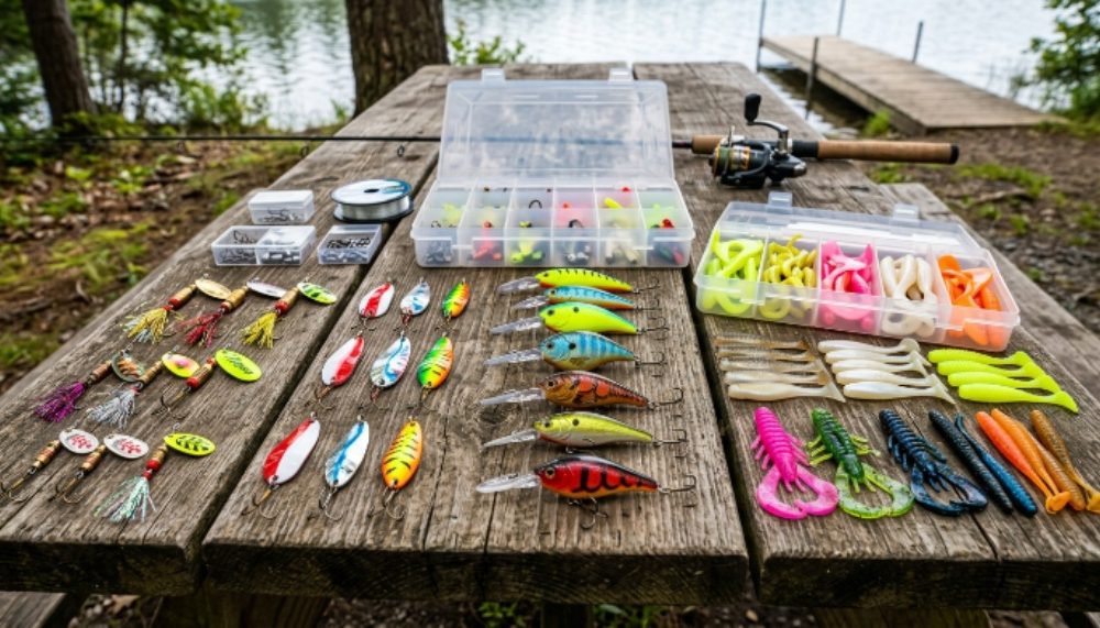 A colorful beginner fishing lure kit spread on a wooden surface showing spinners, spoons, crankbaits, and soft plastic baits in various sizes