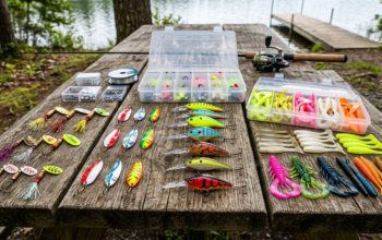 A colorful beginner fishing lure kit spread on a wooden surface showing spinners, spoons, crankbaits, and soft plastic baits in various sizes
