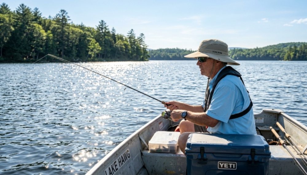 An angler wearing a wide-brim UPF 50+ fishing hat on a sunny lake, with water reflecting sunlight