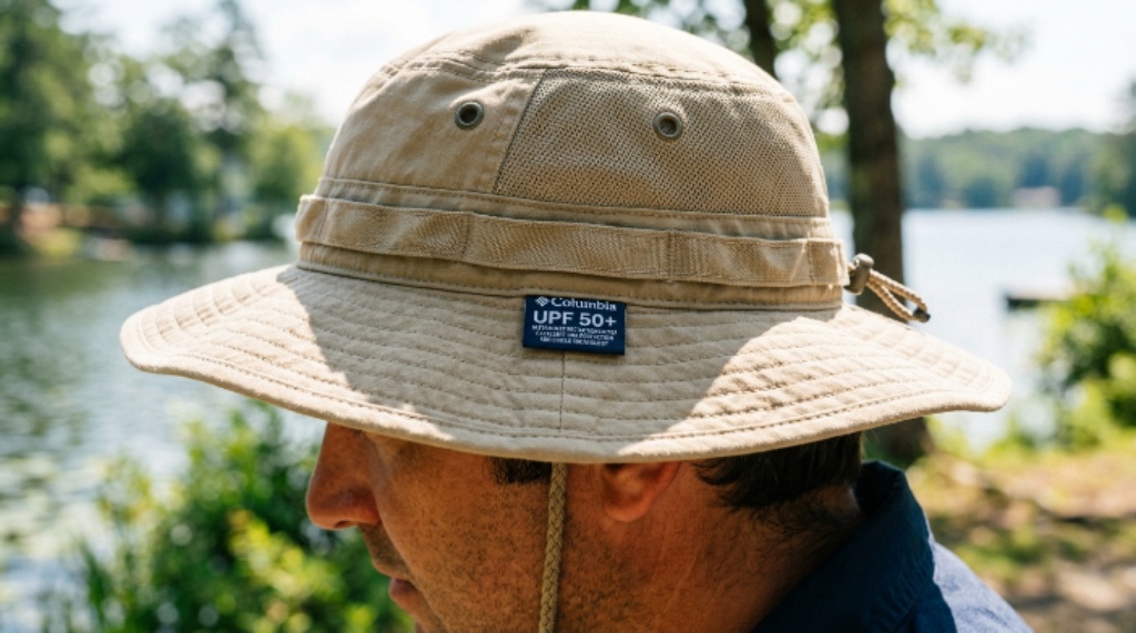 Close-up of a beige boonie fishing hat with UPF 50+ label tag visible against a bright outdoor background
