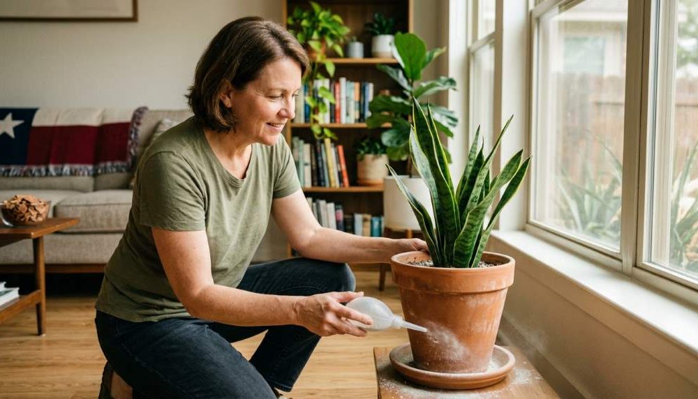 Indoor plant pots in an Austin TX home protected from silverfish and centipedes with proper drainage