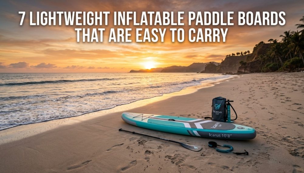 Lightweight inflatable paddle board on a beach with title text overlay.