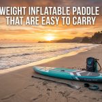 Lightweight inflatable paddle board on a beach with title text overlay.