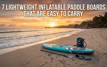 Lightweight inflatable paddle board on a beach with title text overlay.