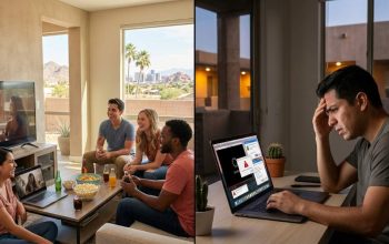 Person streaming movies on laptop indoors during hot Phoenix summer day