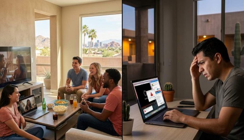 Person streaming movies on laptop indoors during hot Phoenix summer day