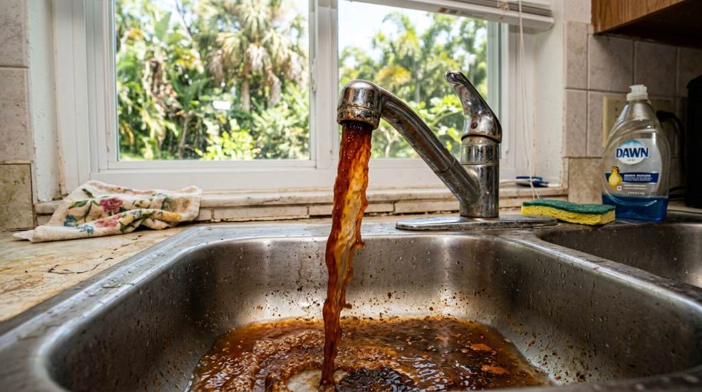 Rusty water flowing from tap due to pipe corrosion in Florida home