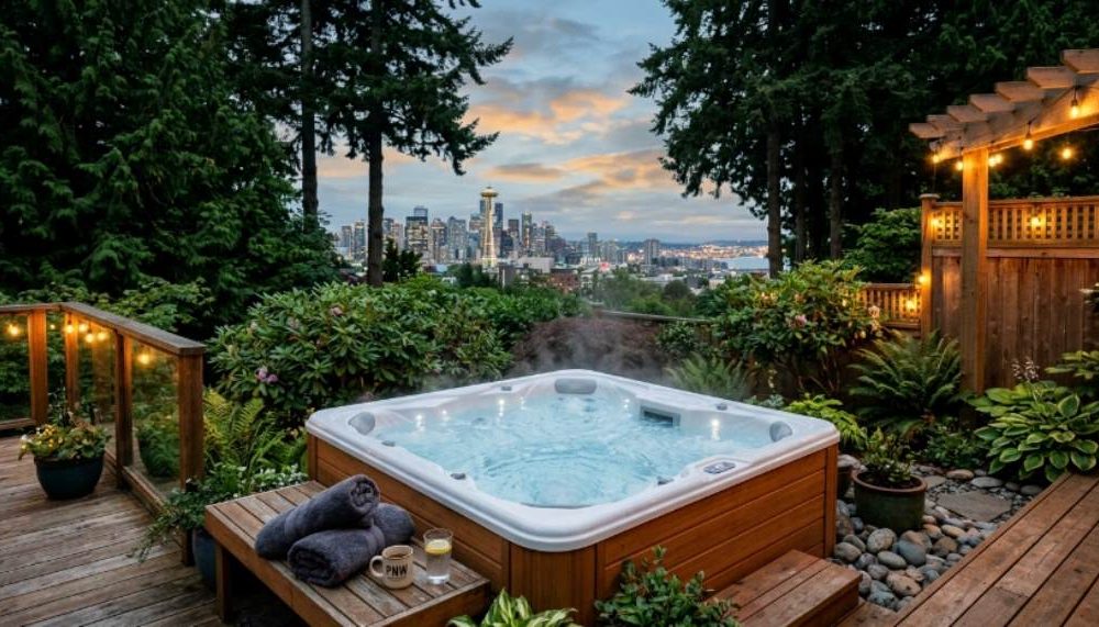 Seattle backyard hot tub with clean clear water