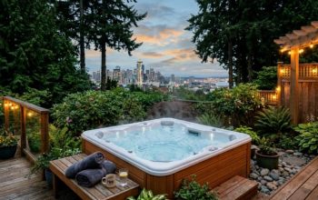 Seattle backyard hot tub with clean clear water