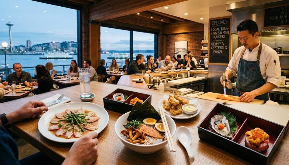 Seattle restaurant serving Pacific Northwest salmon with Japanese-inspired miso glaze and seasonal vegetables