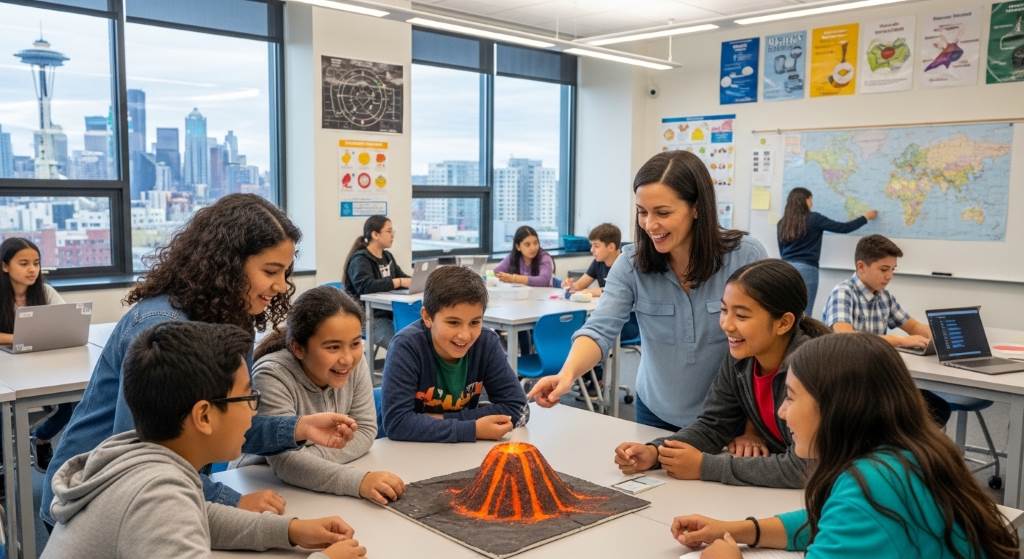 Students collaborating during project-based learning in Seattle