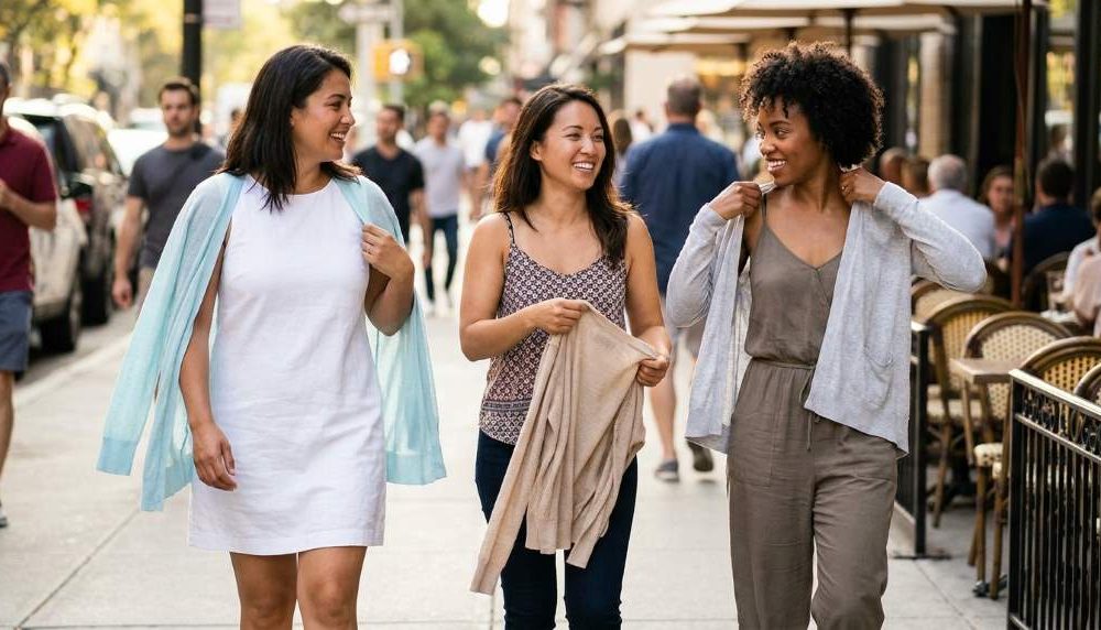Woman in Houston wearing lightweight cardigan over sleeveless dress