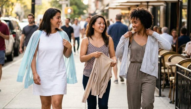 Woman in Houston wearing lightweight cardigan over sleeveless dress