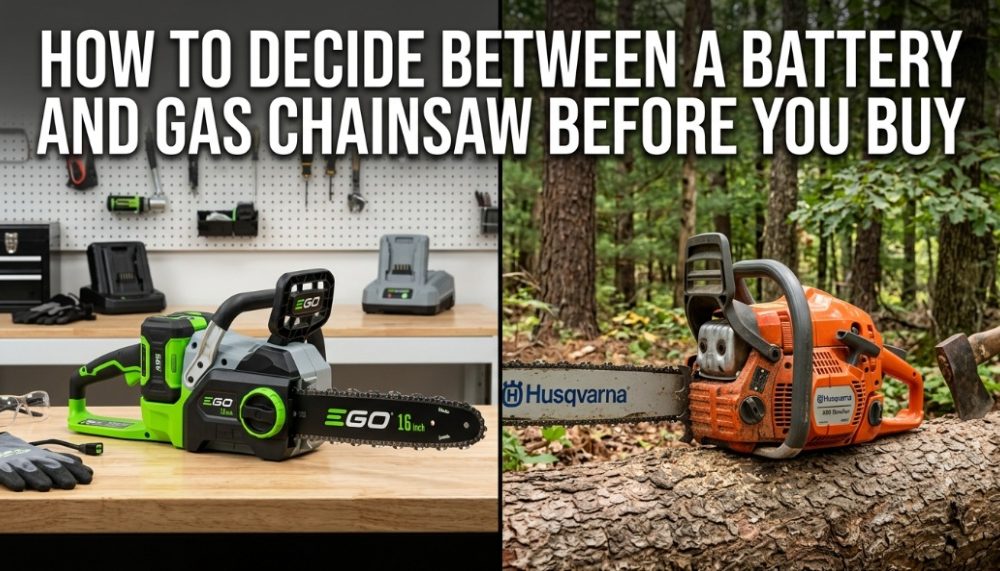 A side-by-side comparison of a modern battery chainsaw and a rugged gas chainsaw.