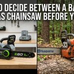 A side-by-side comparison of a modern battery chainsaw and a rugged gas chainsaw.