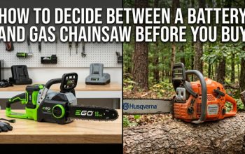 A side-by-side comparison of a modern battery chainsaw and a rugged gas chainsaw.