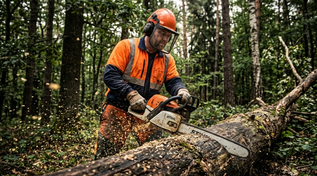 A professional logger cuts a thick hardwood tree trunk using a powerful gas chainsaw.