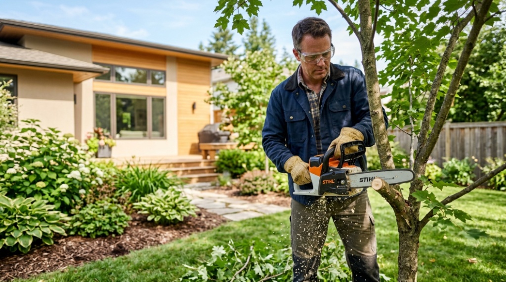 A homeowner trims a small tree branch with a cordless battery chainsaw in a backyard.