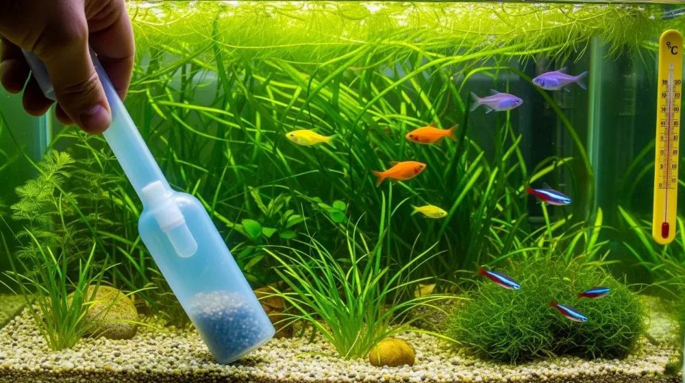 Gravel vacuum cleaning aquarium substrate while fish swim calmly nearby.