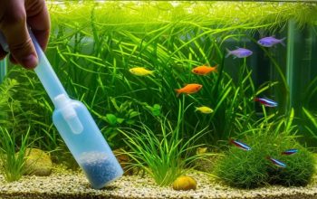 Gravel vacuum cleaning aquarium substrate while fish swim calmly nearby.