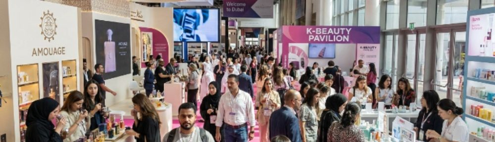 International visitors and exhibitors exploring cosmetics and fragrance displays at Beautyworld Middle East 2026 inside the Dubai World Trade Centre