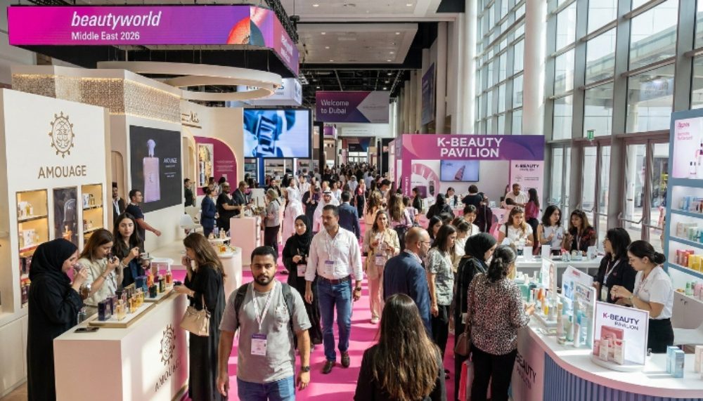 International visitors and exhibitors exploring cosmetics and fragrance displays at Beautyworld Middle East 2026 inside the Dubai World Trade Centre