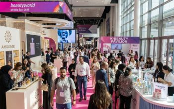 International visitors and exhibitors exploring cosmetics and fragrance displays at Beautyworld Middle East 2026 inside the Dubai World Trade Centre
