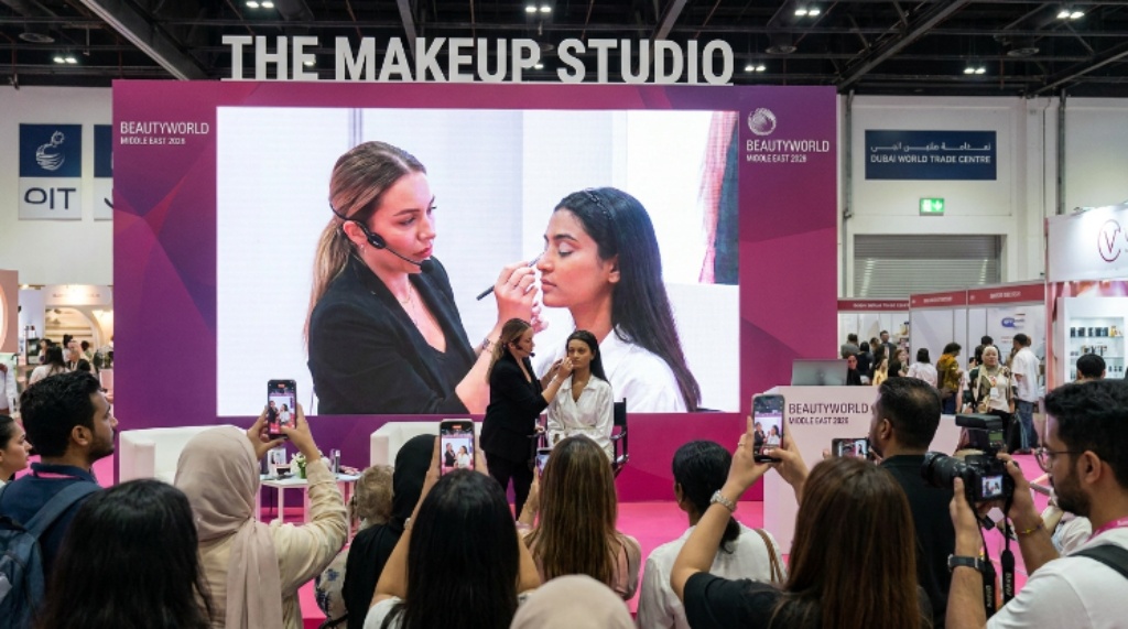 A live makeup artistry demonstration on The Makeup Studio stage during Beautyworld Middle East 2026 in Dubai, United Arab Emirates