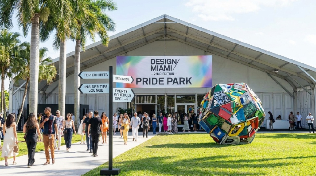Museum-quality collectible furniture and design objects on display inside a gallery booth at Design Miami 2026
