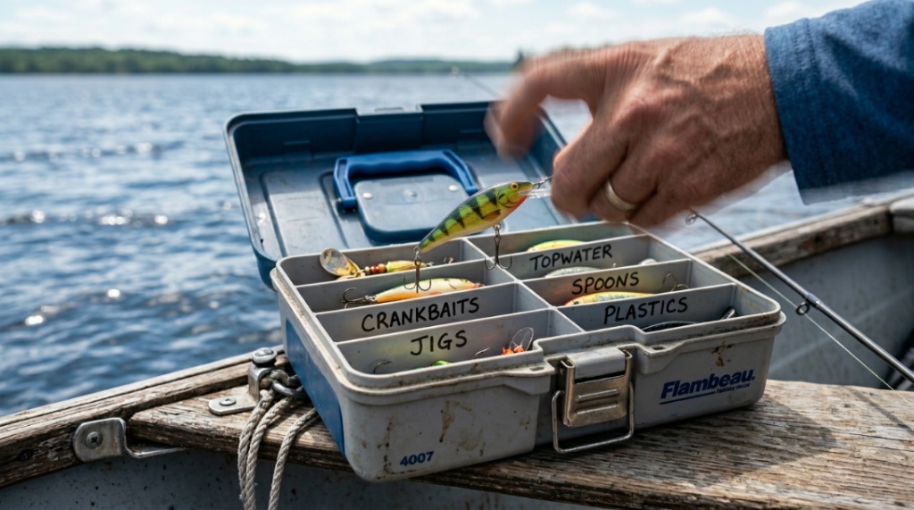 Angler hand retrieving specific organized fishing lure from open tackle box.