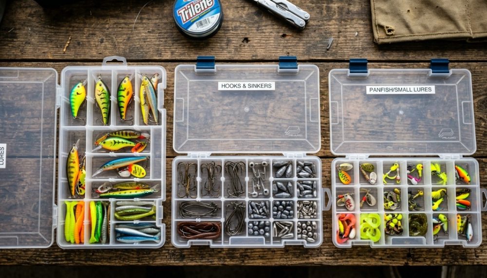 Open tackle backpack with stacked organized utility trays on boat deck.