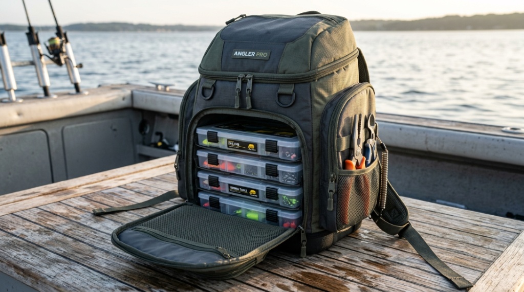 Open tackle backpack with stacked organized utility trays on boat deck.