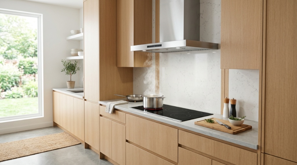 Close-up of digital touch controls on a stainless steel range hood.