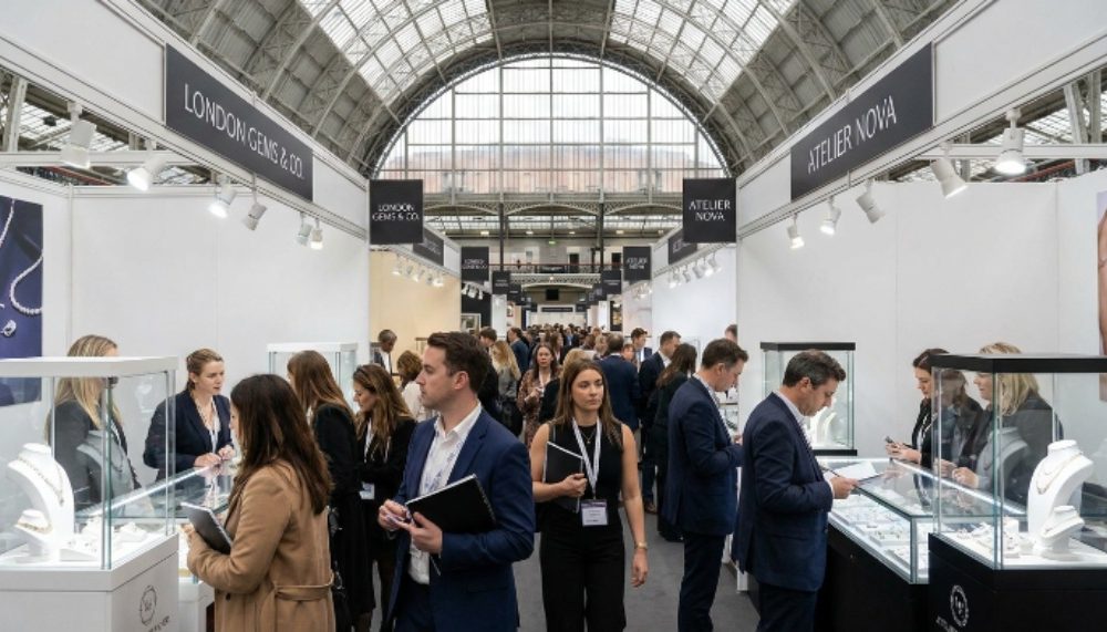 Trade buyers and jewellery designers browsing fine jewellery exhibitor stands at the Jewellery Show London 2026 inside the National Hall at Olympia