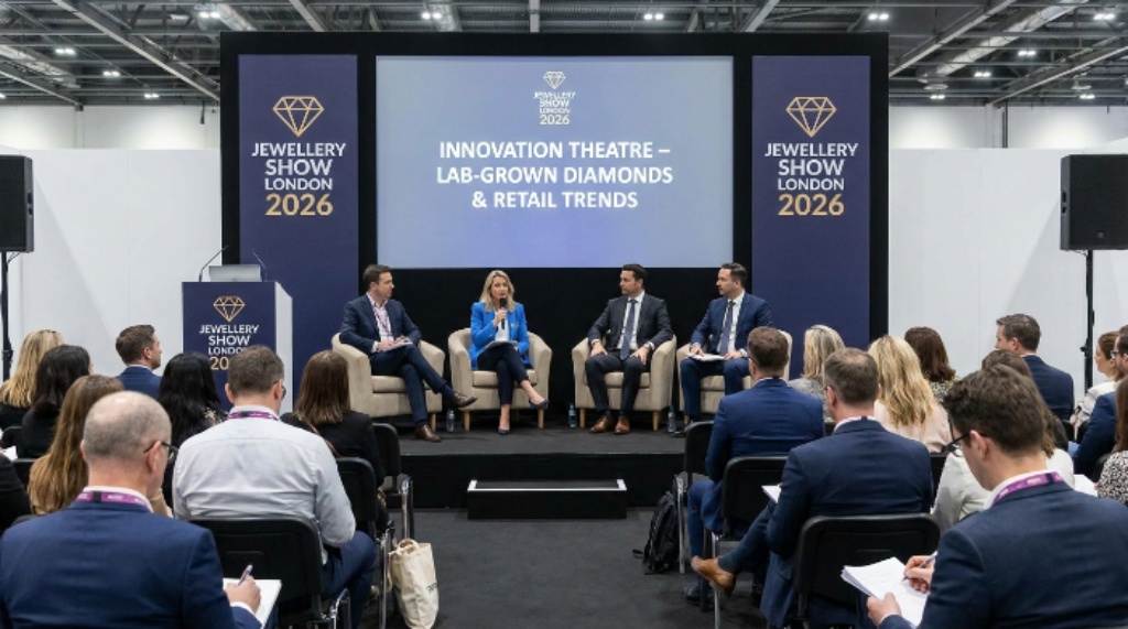 Expert speakers on stage at the Innovation Theatre during the Jewellery Show London 2026 discussing lab-grown diamonds and jewellery retail trends