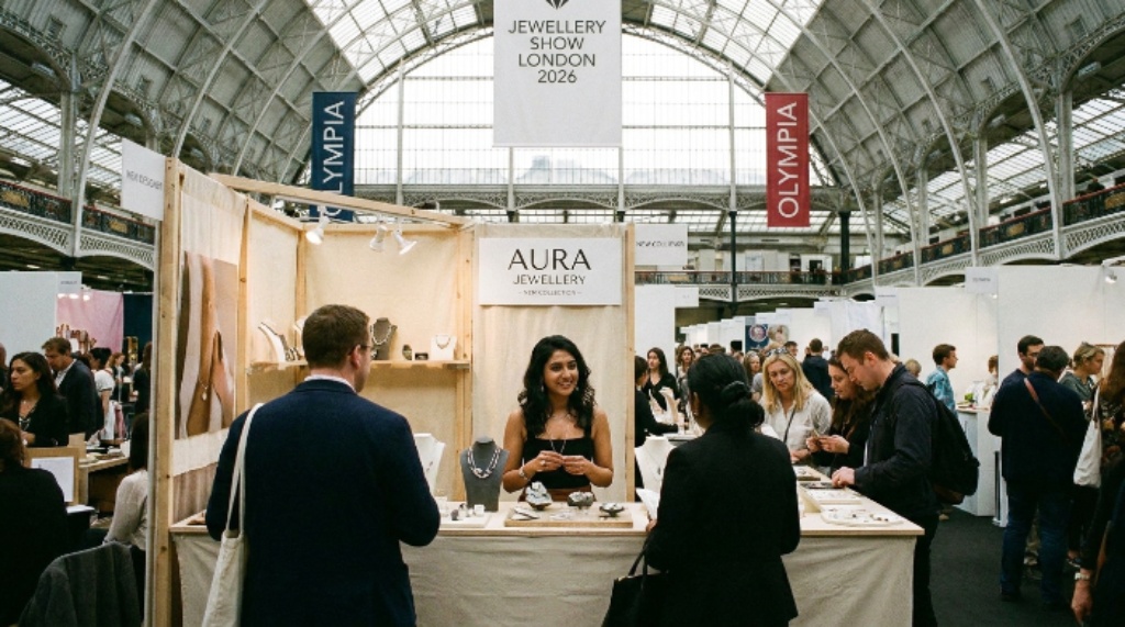 Emerging designer showcasing a new jewellery collection at the New Designer exhibition during the Jewellery Show London 2026 at Olympia