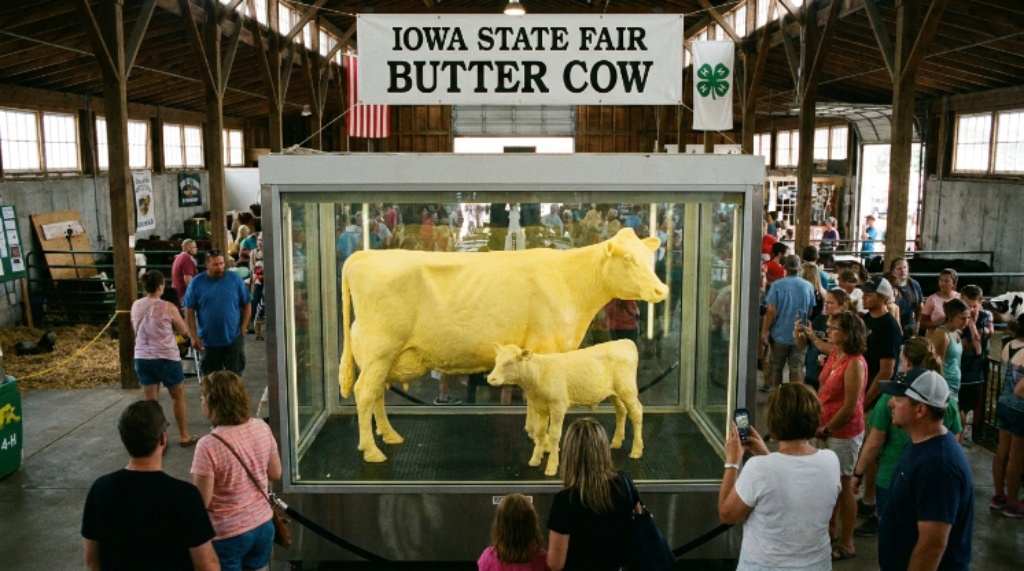 Butter cow sculpture on display at the Iowa State Fair agriculture building in Des Moines