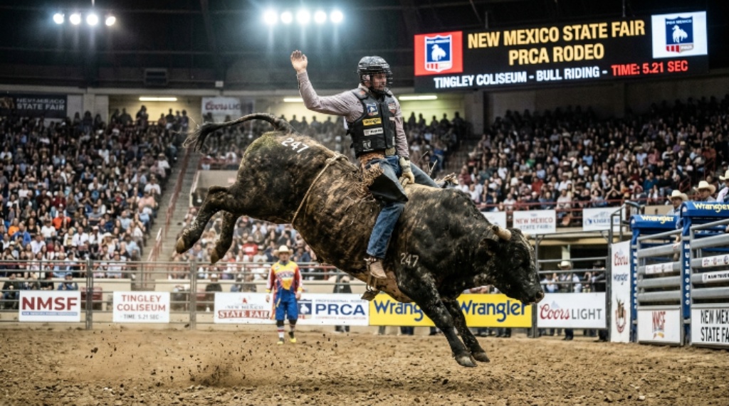 PRCA rodeo bull riding action at New Mexico State Fair Tingley Coliseum