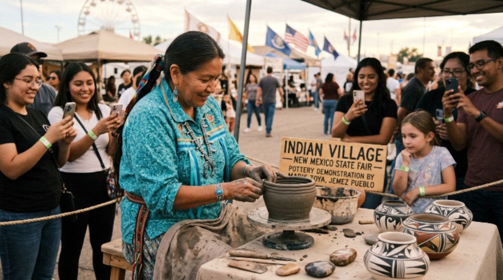 Native American artisan demonstrating pottery at Indian Village New Mexico State Fair