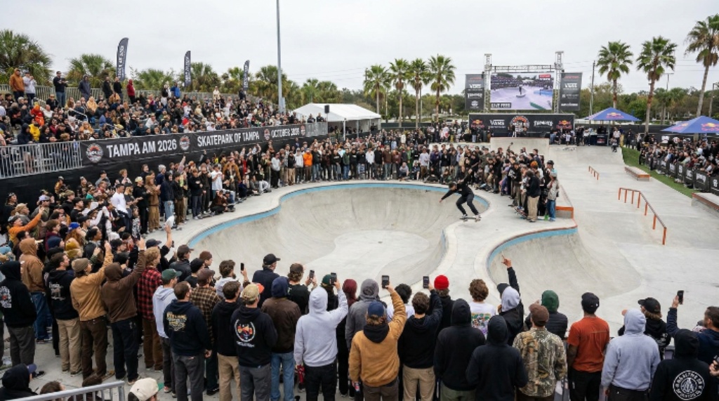 Crowd watching Tampa Am contest at Skatepark of Tampa October 2026