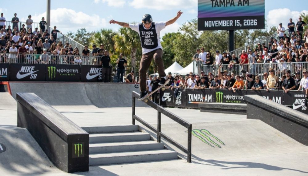 Skateboarder competing in street finals at Tampa Am 2026 Florida