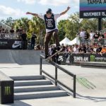 Skateboarder competing in street finals at Tampa Am 2026 Florida