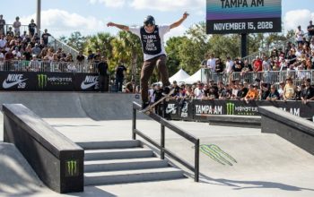 Skateboarder competing in street finals at Tampa Am 2026 Florida