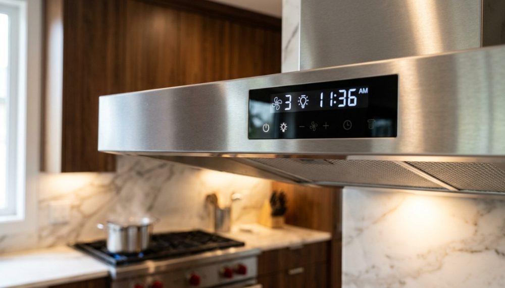 Sleek stainless steel 30-inch range hood installed above a modern kitchen cooktop.
