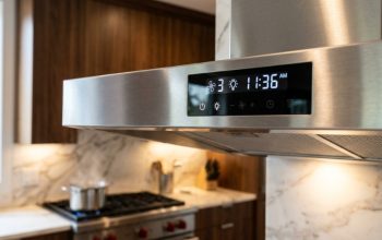 Sleek stainless steel 30-inch range hood installed above a modern kitchen cooktop.