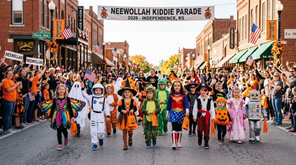 Children in Halloween costumes marching through downtown Independence, Kansas, during the Neewollah Kiddie Parade 2026