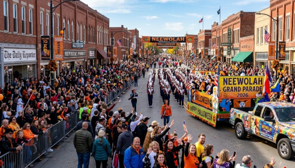 Thousands of spectators lining the streets of downtown Independence, Kansas, to watch the Neewollah Grand Parade on Halloween morning 2026