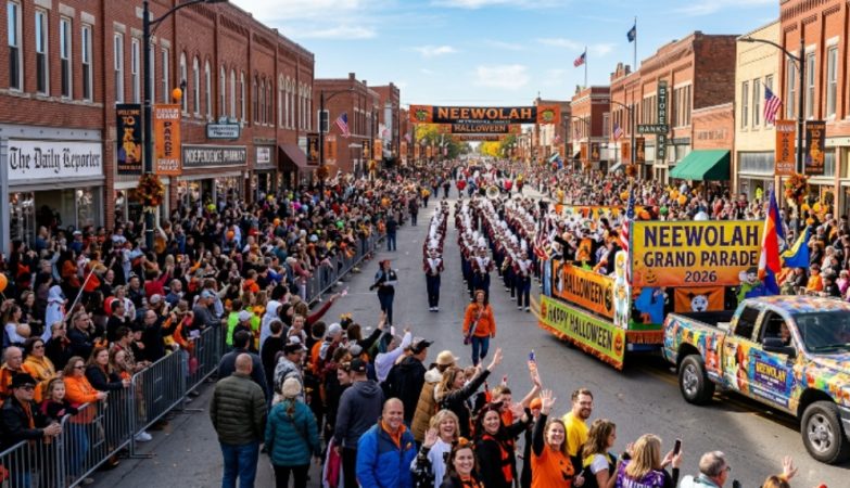 Thousands of spectators lining the streets of downtown Independence, Kansas, to watch the Neewollah Grand Parade on Halloween morning 2026