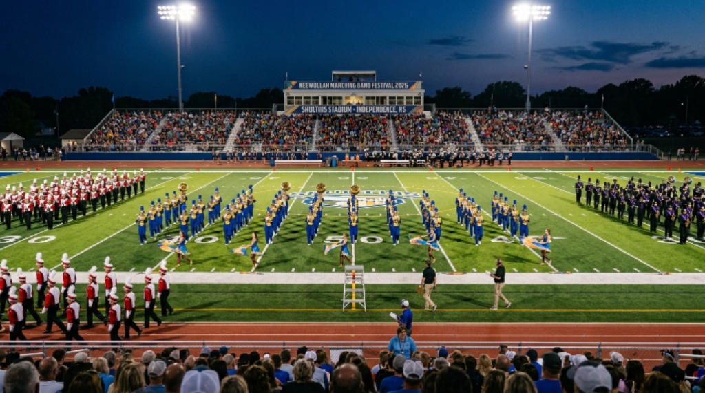 Live marching bands competing on the field at Shulthis Stadium during the Neewollah Marching Band Festival in Independence, Kansas, 2026