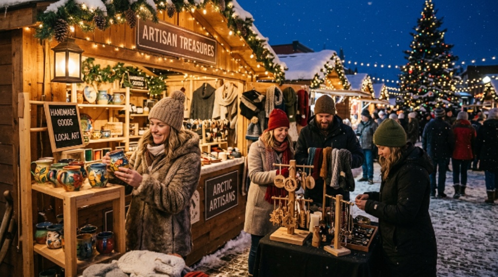 Shoppers browsing handmade gifts at an outdoor winter market booth